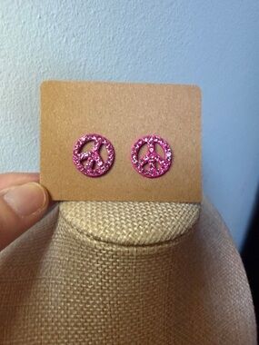 Pink Glitter Peace Sign Stud Earrings
